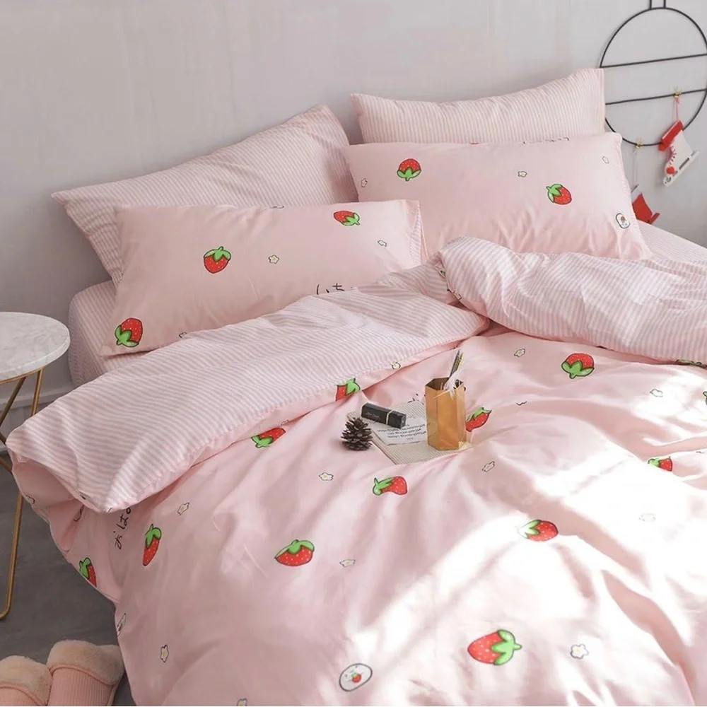 NWT New Kawaii Strawberry Pink Full Queen Bedding Duvet Cover Pillow Sham Set
